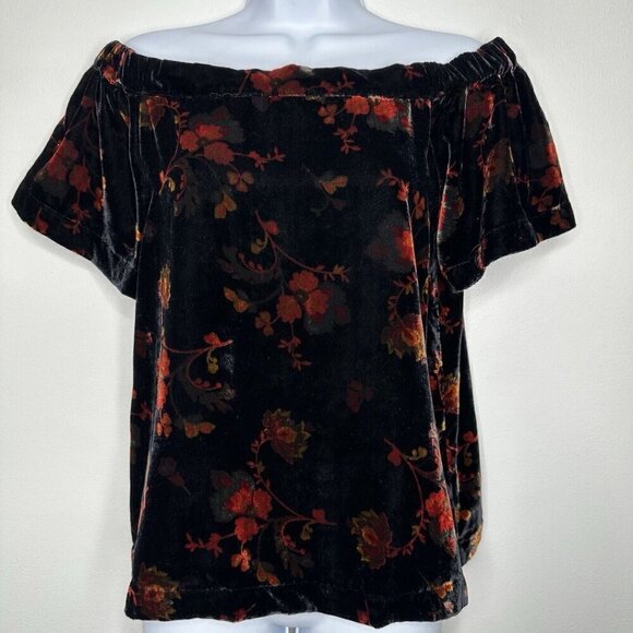 Ann Taylor Loft Top Off The Shoulder Floral Velvet Petite XS Black Red - Picture 1 of 8